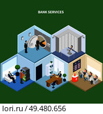 Bank isometric background with conceptual interior images representing different kinds of banking accommodations with human characters vector illustration. Bank Services Isometric Background. Стоковая иллюстрация, агентство Ingram Publishing / Фотобанк Лори