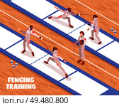 Isometric fencing composition with view of fencing saloon with fighting swordsmen on piste with editable text vector illustration. Fencing Saloon Training Background. Стоковая иллюстрация, агентство Ingram Publishing / Фотобанк Лори