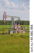 An old oil rig, standing on the edge of the forest in the midst of a lush green meadow, is extracting oil from the depths beneath. Стоковое видео, видеограф Strunov David / Фотобанк Лори