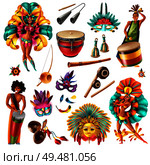 Brazilian carnival festivities  realistic colorful elements set with traditional musical instruments masks feathers costumes isolated vector illustration . Carnival Brasil Set. Стоковая иллюстрация, агентство Ingram Publishing / Фотобанк Лори
