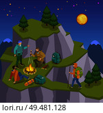 Hiking isometric composition with night wild landscape images of mountain with walking and camping tourist characters vector illustration. Mountain Tripping Isometric Composition. Стоковая иллюстрация, агентство Ingram Publishing / Фотобанк Лори