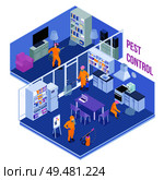 Workers of pest control service during sanitary processing of kitchen and living room isometric vector illustration. Pest Control Service Isometric Illustration. Стоковая иллюстрация, агентство Ingram Publishing / Фотобанк Лори