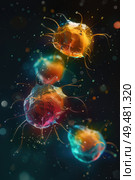 Digital artwork showcasing vibrant, multi-colored microscopic entities resembling bacteria or viruses with tiny particles surrounding them. Стоковое AI-изображение, AI-художник Данила Большаков / Фотобанк Лори