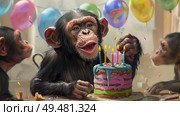 Several monkeys are gathered around a birthday cake, sitting upright and observing the cake with curiosity. Стоковое AI-изображение, AI-художник Данила Большаков / Фотобанк Лори