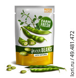Preserved natural green beans plastic package valuable protein source healthy food close up realistic image vector illustration . Green Beans Package Realistic . Стоковая иллюстрация, агентство Ingram Publishing / Фотобанк Лори
