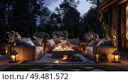 A living room filled with various pieces of furniture, illuminated by glowing candles scattered throughout the room. Стоковое AI-изображение, AI-художник Данила Большаков / Фотобанк Лори