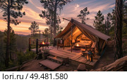 A tent pitched amidst the dense trees of a forest, blending with the natural surroundings. Стоковое AI-изображение, AI-художник Данила Большаков / Фотобанк Лори