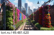 A train track completely covered with a multitude of colorful flowers, creating a striking contrast against the steel rails. Стоковое AI-изображение, AI-художник Данила Большаков / Фотобанк Лори