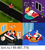Women health isometric 2x2 design concept with female human characters in different situations with medical doctors vector illustration. Women Health Design Concept. Стоковая иллюстрация, агентство Ingram Publishing / Фотобанк Лори