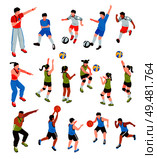 Isometric school sport kids team coach set of isolated human characters with team members and trainers vector illustration. Young Athletes Isometric Set. Стоковая иллюстрация, агентство Ingram Publishing / Фотобанк Лори