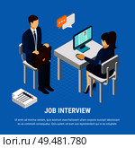 Business people isometric background with human characters of recruitment consultant and job candidate with editable text vector illustration. Job Interview Isometric Background . Стоковая иллюстрация, агентство Ingram Publishing / Фотобанк Лори