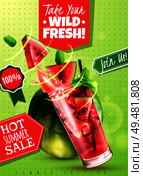 Refreshing detox water summer sale with fresh watermelon mint leaves drink glass realistic advertising poster vector illustration    . Watermelon Refreshments Realistic Poster . Стоковая иллюстрация, агентство Ingram Publishing / Фотобанк Лори