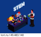 STEM education isometric composition with text and human characters of students and teacher performing laboratory studies vector illustration. Стоковая иллюстрация, агентство Ingram Publishing / Фотобанк Лори