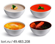 Bowls full of chicken noodle soup gazpacho fish soup and soup puree with crouton  realistic set isolated vector illustration. Стоковая иллюстрация, агентство Ingram Publishing / Фотобанк Лори
