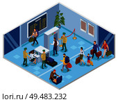Travel people isometric background with passenger in airport terminal passing registration and preflight inspection vector illustration. Стоковая иллюстрация, агентство Ingram Publishing / Фотобанк Лори