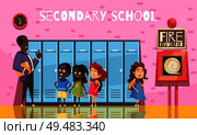 Teacher and secondary school students during conversation on background of pink wall with lockers cartoon vector illustration. Стоковая иллюстрация, агентство Ingram Publishing / Фотобанк Лори