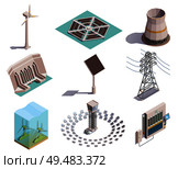 Green energy production isometric icons set with wind tidal power generators solar station hydroelectric plant vector illustration. Стоковая иллюстрация, агентство Ingram Publishing / Фотобанк Лори