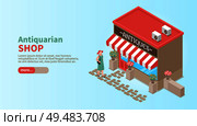 Antiquarian shop horizontal banner with elegant woman coming to shop window to make vintage purchase isometric vector illustration. Стоковая иллюстрация, агентство Ingram Publishing / Фотобанк Лори