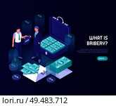 What is bribery abstract color background with businessman official and briefcase with money isometric vector illustration. Стоковая иллюстрация, агентство Ingram Publishing / Фотобанк Лори