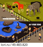 Set of two isometric zoo workers horizontal banners with view of enclosures with animals and text vector illustration. Стоковая иллюстрация, агентство Ingram Publishing / Фотобанк Лори