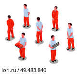 Jail inmates criminals arrested incarcerated persons male characters in prison detainee uniform isometric set isolated vector illustration. Стоковая иллюстрация, агентство Ingram Publishing / Фотобанк Лори