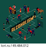 Alcoholism isometric flowchart health problems drunk man and policemen binge of husband on turquoise background vector illustration. Стоковая иллюстрация, агентство Ingram Publishing / Фотобанк Лори