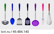 Kitchen tools metal with colorful plastic realistic set with ladle spatula skimmer cooking fork transparent vector illustration. Стоковая иллюстрация, агентство Ingram Publishing / Фотобанк Лори