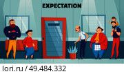 Queue people hospital doctor composition with expectation headline and different age and needs people waiting in line vector illustration. Стоковая иллюстрация, агентство Ingram Publishing / Фотобанк Лори