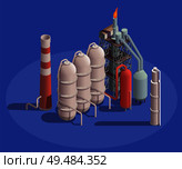 Industrial buildings isometric composition with view of petroleum processing plant containers with pipes and flambeau light vector illustration. Стоковая иллюстрация, агентство Ingram Publishing / Фотобанк Лори