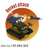 Rocket attack round background with shooter robot tank in engaged war action isometric vector illustration. Стоковая иллюстрация, агентство Ingram Publishing / Фотобанк Лори