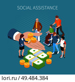 Social security unemployment benefits unconditional income isometric composition with conceptual image of human hand with coins vector illustration. Стоковая иллюстрация, агентство Ingram Publishing / Фотобанк Лори