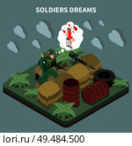 Soldiers dreams isometric composition with sniper sitting in entrenchment and remembering his girlfriend vector illustration. Стоковая иллюстрация, агентство Ingram Publishing / Фотобанк Лори