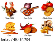 Set of six realistic design compositions  illustrated crackers snacks and flavoring additive ingredients isolated vector illustration. Стоковая иллюстрация, агентство Ingram Publishing / Фотобанк Лори