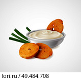 Realistic composition with green onion and bowl of sour cream as flavoring additives for snacks vector illustration. Стоковая иллюстрация, агентство Ingram Publishing / Фотобанк Лори