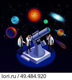 Astrophysics round isometric composition with astronomers observing planets meteorites galaxies with optical telescope starry background vector illustration. Стоковая иллюстрация, агентство Ingram Publishing / Фотобанк Лори