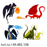Funny colorful fire breathing dragons 4 icons concept with purple red green blue monsters cartoon vector illustration. Стоковая иллюстрация, агентство Ingram Publishing / Фотобанк Лори