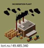 Colored garbage recycling composition with incineration plant headline and isolated warehouse building vector illustration. Стоковая иллюстрация, агентство Ingram Publishing / Фотобанк Лори