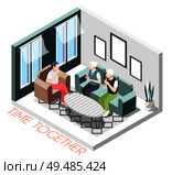 Isometric colored time together composition with girl visits parents at their home vector illustration. Стоковая иллюстрация, агентство Ingram Publishing / Фотобанк Лори