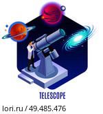 Astrophysics isometric background composition with astronomer observing colorful planets galaxy celestial bodies  with optical telescope vector illustration. Стоковая иллюстрация, агентство Ingram Publishing / Фотобанк Лори