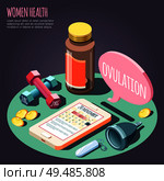 Women health isometric design concept with items on ovulation and pregnancy theme vector illustration. Стоковая иллюстрация, агентство Ingram Publishing / Фотобанк Лори