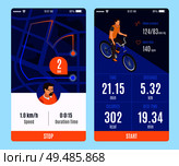 Two variants of bicycle ride mobile app design with start stop buttons and duration time distance calories speed parameters isometric vector illustration. Стоковая иллюстрация, агентство Ingram Publishing / Фотобанк Лори