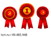 Rewarding badges rosettes award realistic set of orders for top winning places decorated with red ribbons vector illustration. Стоковая иллюстрация, агентство Ingram Publishing / Фотобанк Лори