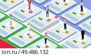 Society people isometric composition with conceptual images of interactive work sheets with human characters and emoticons vector illustration. Стоковая иллюстрация, агентство Ingram Publishing / Фотобанк Лори