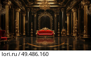 Elegant opulent interior with red velvet furniture in a luxurious black and gold room. Стоковое AI-изображение, AI-художник Михаил Коханчиков / Фотобанк Лори
