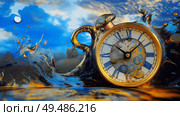 Surreal display of a melting clock in desolate landscape with twisted elements. Стоковое AI-изображение, AI-художник Михаил Коханчиков / Фотобанк Лори