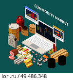 Commodity isometric composition with images of laptop with graphs and various objects related to different industries vector illustration. Стоковая иллюстрация, агентство Ingram Publishing / Фотобанк Лори