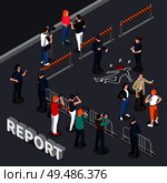 Photographer videographer isometric composition with roped-off area policemen and people near the scene of crime vector illustration. Стоковая иллюстрация, агентство Ingram Publishing / Фотобанк Лори