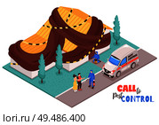 Pest control house disinfection service isomeric composition with professional team equipment van arrival tenants outdoor  vector illustration. Стоковая иллюстрация, агентство Ingram Publishing / Фотобанк Лори