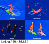Four squares water sports isometric concept set with surfing snorkeling diving and windsurfing descriptions vector illustration. Стоковая иллюстрация, агентство Ingram Publishing / Фотобанк Лори