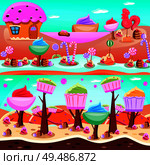 Fairy tale candy land flat compositions with sweet lake and forest from cupcakes isolated vector illustration. Стоковая иллюстрация, агентство Ingram Publishing / Фотобанк Лори